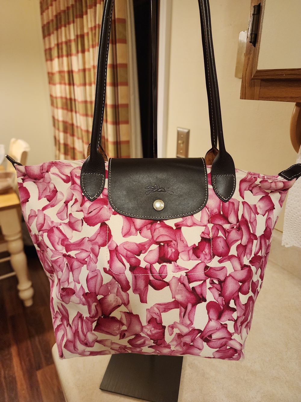 Longchamp Pink Floral Tote with Black Trim
